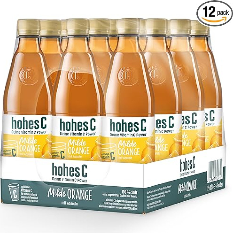 hohes C Mild Orange (12 x 0,5 l), 100% sultys, apelsinų sultys, vitaminas C, be pridėtinio cukraus pagal įstatymą, mažiau rūgšties, veganiškas