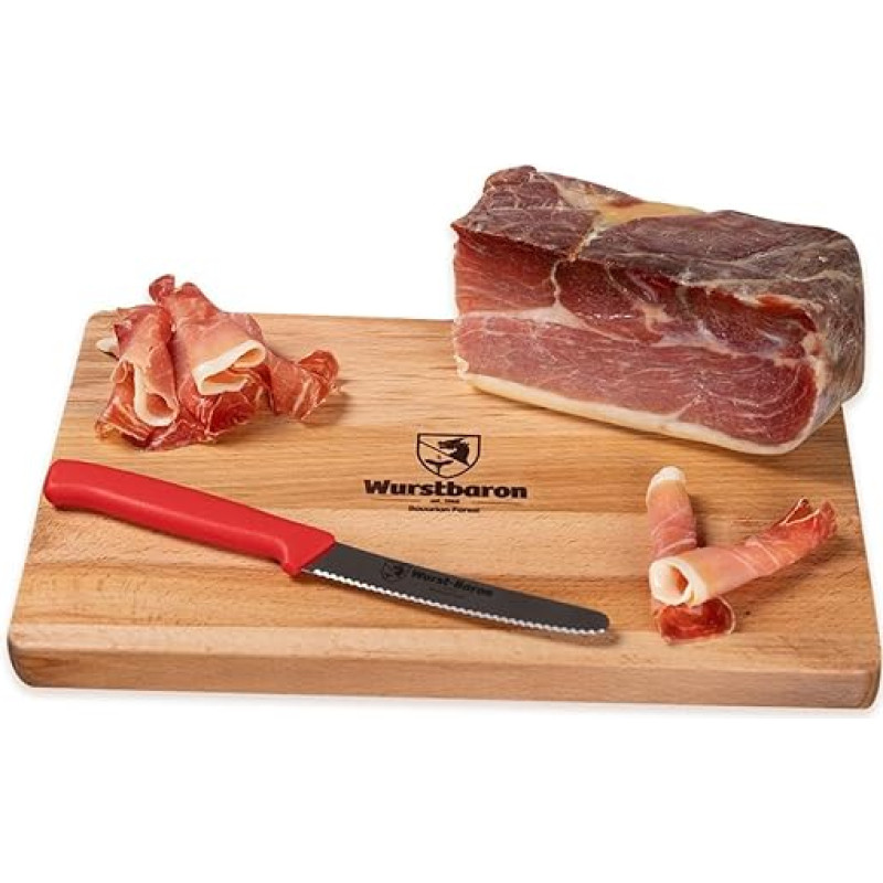 Wurstbaron® Serrano kumpio rinkinys - 1 kg Serrano kumpio be kaulų dovanų rinkinys su lentele ir peiliu