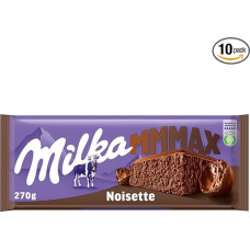 Milka Noisette 1 x 270 g I Didelė lenta I Alpių pieno šokoladas I su kreminiu lazdyno riešutų įdaru I Milka riešutų šokoladas, pagamintas iš 100 % Alpių pieno I stalo šokoladas (10 vnt.)