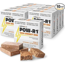 ration1 Energy Bar, ilgai išliekantis batonėlis išgyvenimo rinkiniui, užkandis dviračiams, žygiams, 20 metų galiojimo laikas, maistas ekstremalioms situacijoms, veganiškas ir be laktozės, POW-R1® High Energy Bar, 10 vnt., 10 x 250 g energetinių batonėlių