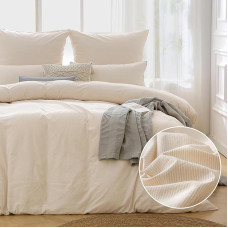 ATsense Patalynė 135 x 200 cm, 4 dalys - 100 % medvilninė dryžuota smėlio spalvos, sertifikuota Oeko-Tex, hipoalerginė, kvėpuojanti, 2 antklodės užvalkalai 135 x 200 cm ir 2 pagalvių užvalkalai 80 x 80 cm