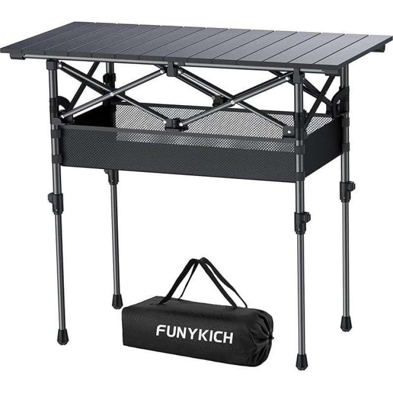 FUNYKICH sulankstomas stovyklavimo stalas, 82 x 40 cm, sulankstomas stalas su 2 reguliuojamo aukščio (44/70 cm), lengvai surenkamas, nešiojamas sulankstomas stalas su tinklelio kišene, aliuminis, susukamas stalviršis griliui, stovyklavimui