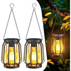 Solar Lights for Outdoor Hanging, Pack of 2 Garden Decorative Solar Lantern with Large LED Bulb, IP65 Waterproof Solar Lights, Warm White Lighting for Outdoors, Yard, Balcony, Patio, Black Metal