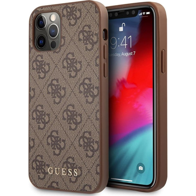 Guess GUHCP12MG4GFBR Case for iPhone 12/12 Pro 6.1 Inch Brown Hard Case 4G Metal Gold Logo