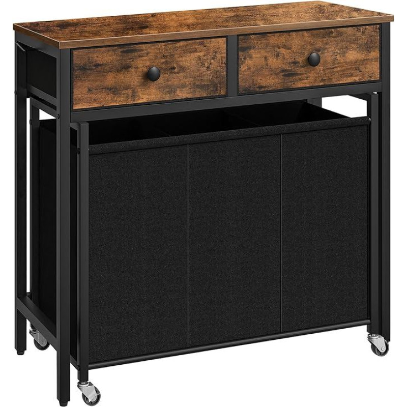 HOOBRO Skalbinių krepšys 3 skyriai Skalbinių vežimėlis Mobilus skalbinių krepšys su 2 stalčiais Skalbinių krepšys ant ratukų Skalbinių dėžė su kabliukais skalbyklai Vintage Brown and Black EBF79XY01