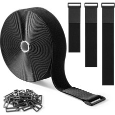Trilancer 5cm x 10m Heavy Duty Velcro Tape with 30 Buckles - Adjustable, Cut to Size and Reusable, Ideal for Cables, Hoses, Pipes and More