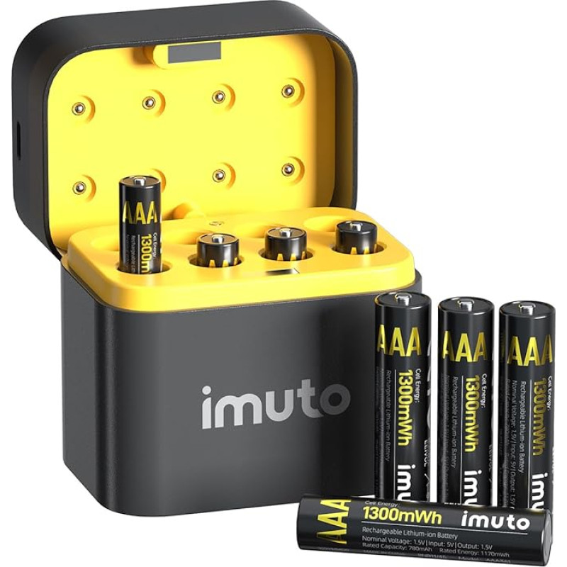 imuto Rechargeable Lithium Batteries AAA 8-Pack with Charger, 1300 mWh High Capacity 1.5 V AAA Batteries, Long-Lasting Rechargeable AAA Li-ion Battery with Integrated Charging Storage Box