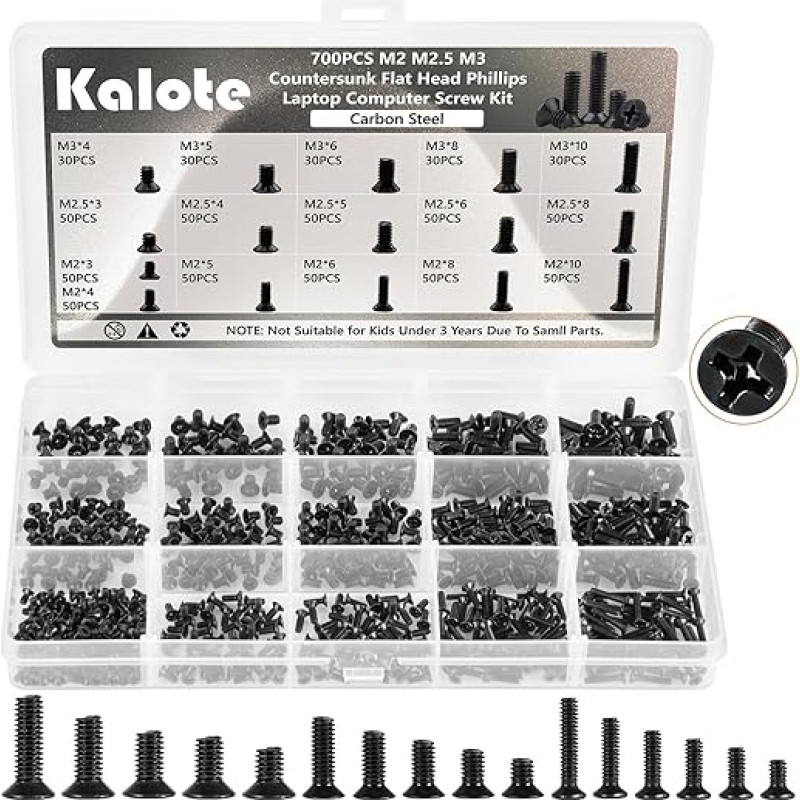 700Stk Laptop Schrauben, Mini Schrauben Set, M2, M2,5, M3 PC Schrauben sortierten Set, Phillips Rundkopfschrauben Schwarz, Flachkopfschrauben für Lenovo, Toshiba, HP, IBM(Karbonstahl)