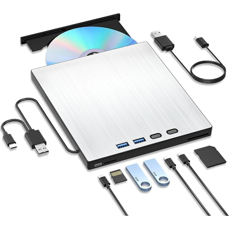 External CD DVD Drive USB 3.0 Type-C CD Drive External USB with SD/TF Card Reader, External CD Drive for Laptop, Portable External DVD Burner for Laptop MacBook Windows XP/7/8/10/11 MacOS Linux