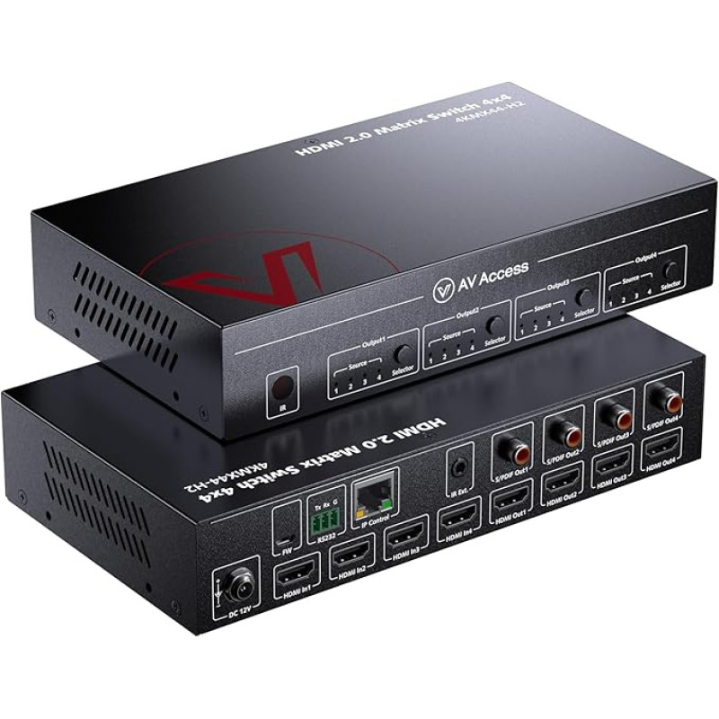 AV Access 4x4 HDMI Matrix Splitter, 4K@60Hz with HDR Dolby Vision, Audio Extraction SPDIF 5.1CH, 4K to 1080P Downscale, CEC, Web UI, Shutdown Memory, IR Remote API RS232 Control