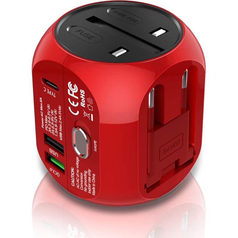 Universalus kelionių adapteris Kelionių kištukas su QC3.0 technologija Pasaulinis kelionių adapteris C+ 2 USB (JAV/ES/ JK/AU) 30 W daugiafunkcinis kelionių įkroviklis, tinkantis daugiau nei 150 šalių (raudonas)