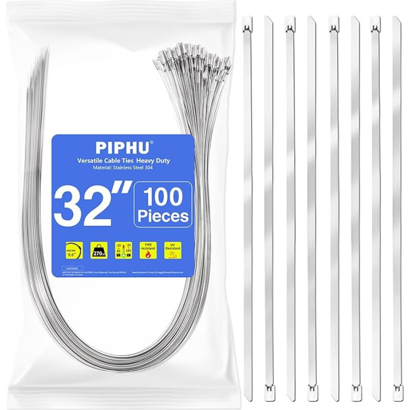 Pack of 100 Metal Cable Ties 800 mm x 4.6 mm Stainless Steel Metal Cable TIes Load Capacity 122 kg High Performance Cable Ties 304 Suitable for Exhaust Wrap Fence Outdoor Canopy