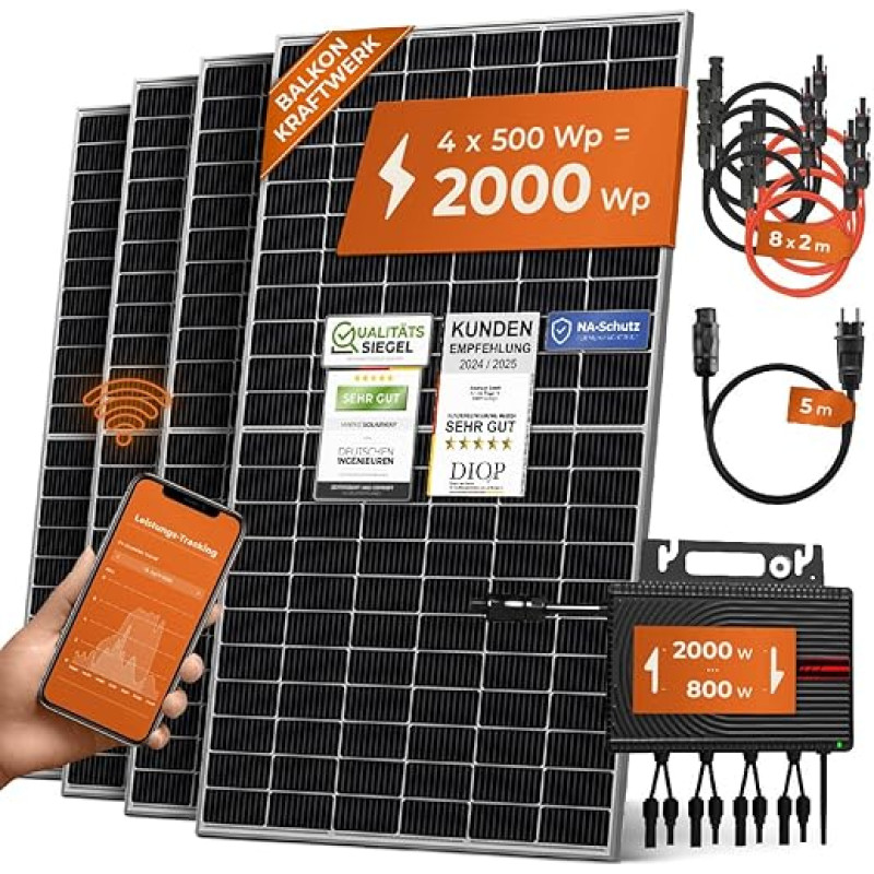 Solarway Balcony Power Station 1000 W Complete Socket, 600 W/800 W Adjustable Output, 2 x 500 W JaSolar Modules, 1 x Deye 800 W Inverter with App & WiFi, Plug & Play (1000 Watt, Balcony Mount)