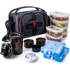 Insulated Lunch Box with 6 Meal Prep Boxes - BPA-Free Reusable Microwave and Freezer Safe - Lunch Bag with Shaker Cup Pill Organiser Shoulder Strap and Ice Packs - Cool Bag Red