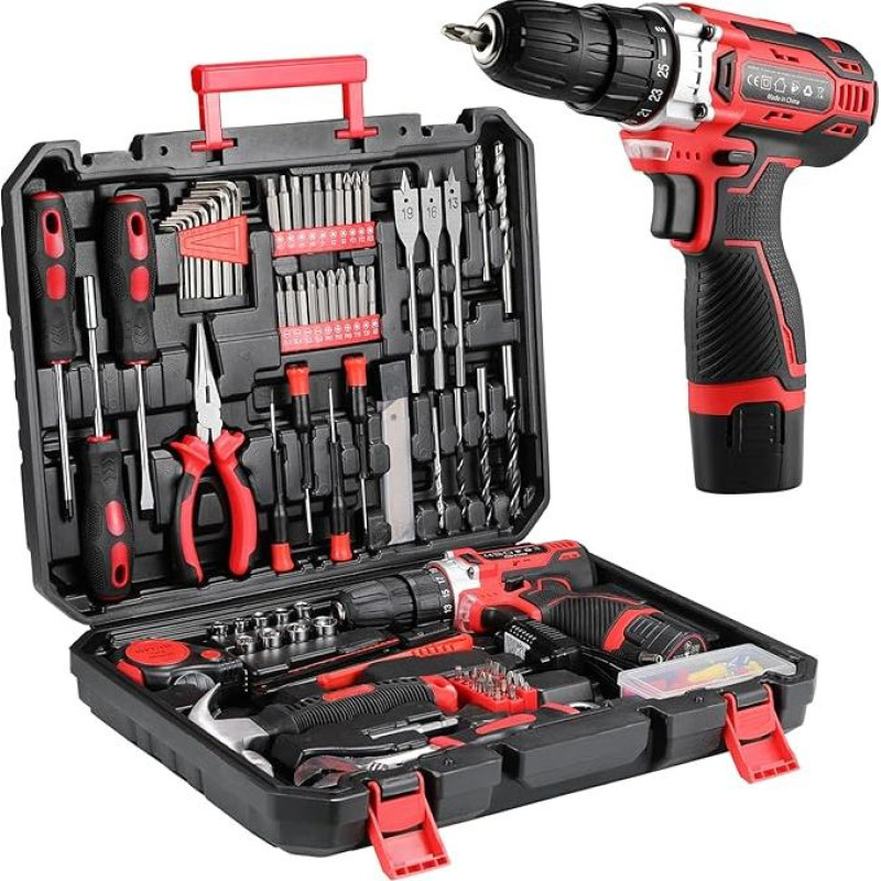 Tool Box Cordless Screwdriver Set Filled 138 Pieces with 12 V Battery Drill Tool Set for Repairs and Maintenance Tool Box Household, DIY Repairs and Maintenance