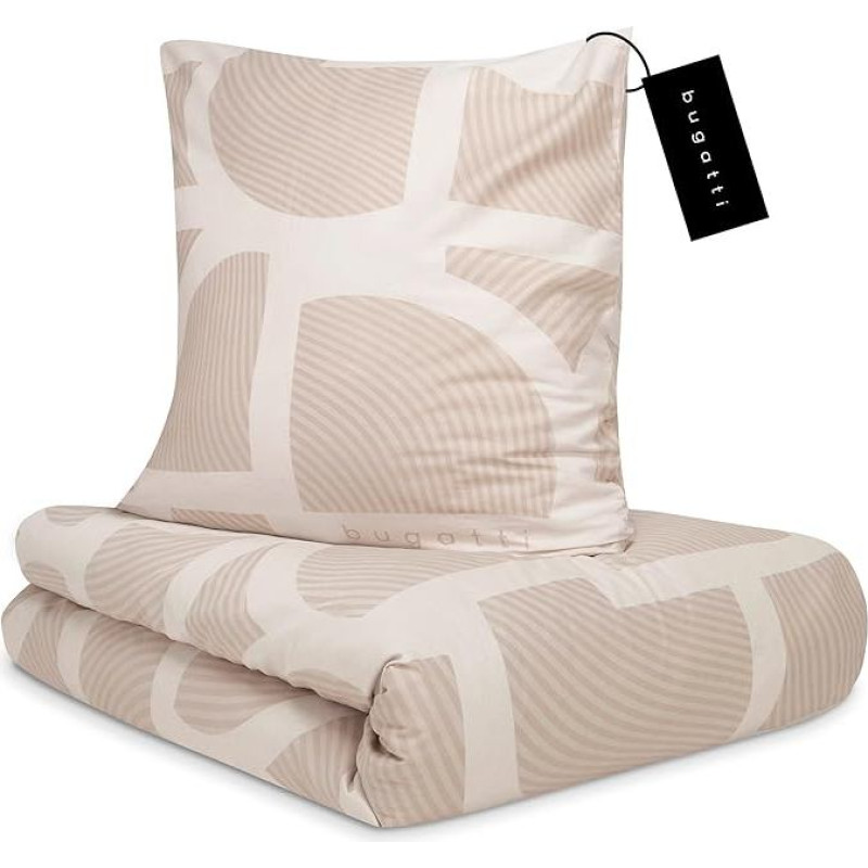 bugatti Bed Linen 135 x 200 cm - 100% Cotton, Zip, Cuddly, Soft & Washable, Satin Bed Linen Beige Graphic Pattern