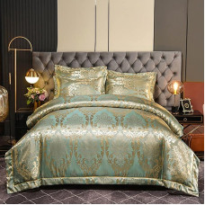 DXHOME Bed Linen 220 x 240 cm, 3-Piece Luxury Gold Light Green Satin Jacquard Smooth Shiny Bed Linen, Baroque Romantic Floral Pattern, Double Bed, with Zip and 2 Pillowcases 80 x 80 cm