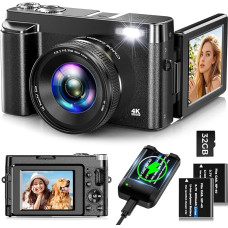 Skaitmeninis fotoaparatas 4K, Oiadek 48MP automatinio fokusavimo fotoaparatas su 32G atminties kortele, 16x skaitmeninis priartinimas, kompaktiškas fotoaparatas su 3,0 colių 180° pasukamu ekranu ir įkrovikliu paaugliams, pradedantiesiems, suaugusiesiems