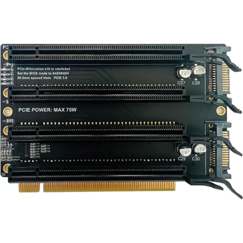 JMT PCI-E 3.0 x16 nuo 1 iki 4 Split Card Gen3 PCIe Bifurcation x16 to x4x4x4 Expansion Card 20,2 mm lizdai SATA maitinimo šaltinio jungtis