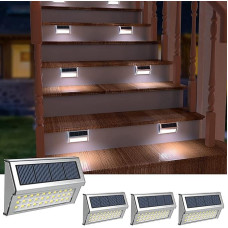 Saulės šviesos sodo 30 LED nerūdijančio plieno laiptų žibintai, lauko šviesos sieniniai žibintai, tvoros saulės žibintai, skirti lauko dekoratyviniams žibintams sodo tvorai, terasos takui, nerūdijančiam plienui (4 vnt., šaltas)