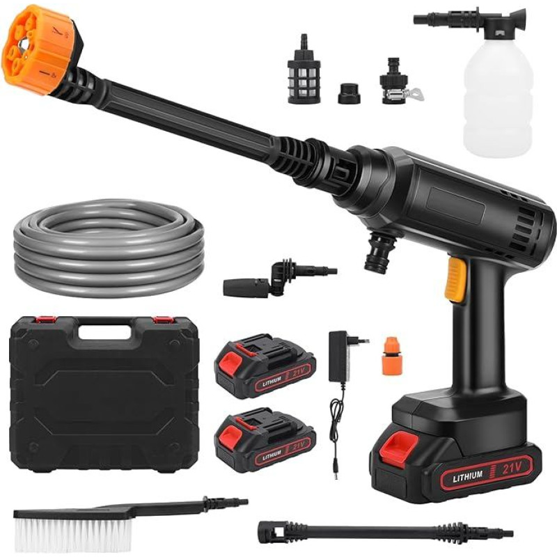 Akumuliatorinis slėginis ploviklis, 21 V mobilusis akumuliatorinis slėginis ploviklis su 2 akumuliatoriais, 5 m žarnos įkrovikliu, nešiojamasis slėginis ploviklis automobiliui, terasai, langams, vejai, baseinui, juodas