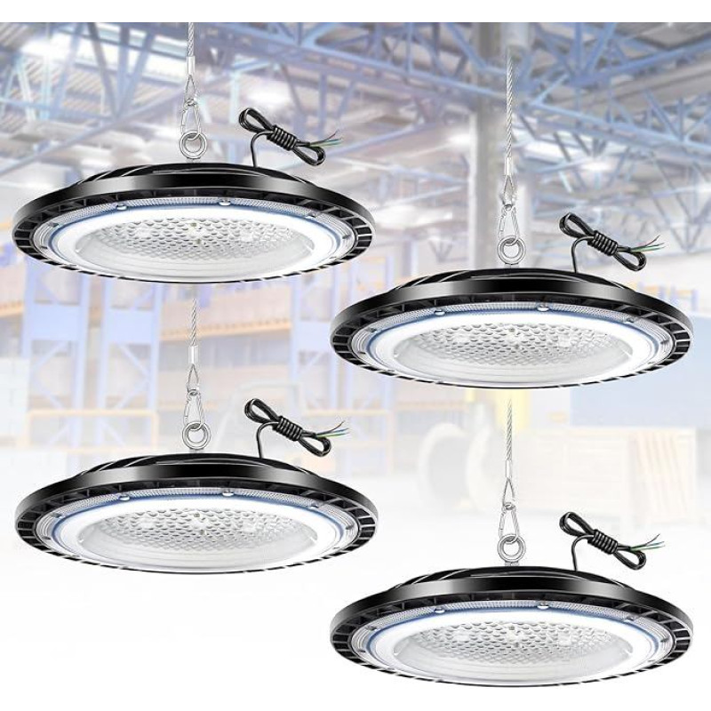 4 pakuotės 100 W LED dirbtuvių lempos salės prožektorius 6500 K 14000LM Cool White UFO LED High Bay Light, IP66 vandeniui atspari pramoninė lempa High Bay Light gamykloms, garažams, sandėliams