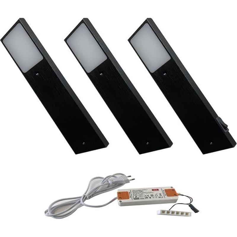 ACCE Aliuminio korpuso LED apšvietimas po virtuvės baldų spintelėmis Šilta balta arba neutrali balta šviesa, įskaitant konverterį Vienas prožektorius su mechaniniu jungikliu (3, neutrali balta)