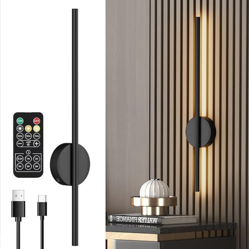 Aipsun Battery Wall Light with Remote Control Inside, 10,000 mAh - 60 cm Long, Black, 5 W, 360° Rotatable Living Room Lamp with Dimming and Timing Functions, 3000 K - 6000 K, for Living Room, Bedroom,