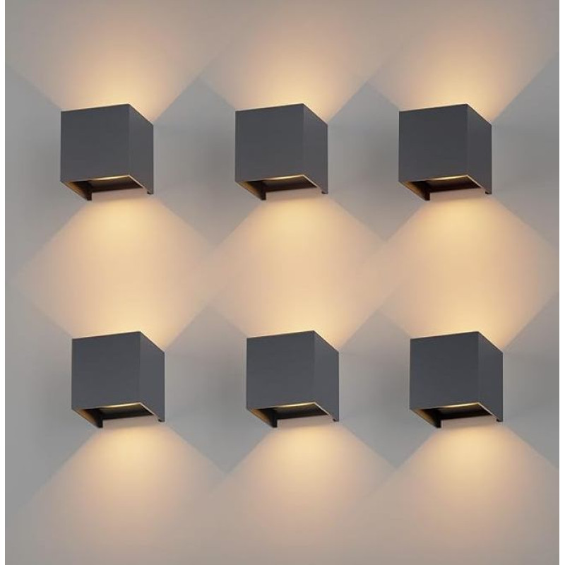 K-Bright Pack of 6 LED Wall Light Indoor/Outdoor 12 W Wall Lamp Up and Down Adjustable Light Beam, 3000 K Warm White Outdoor Light IP65 for Living Room Bedroom Balcony Anthracite