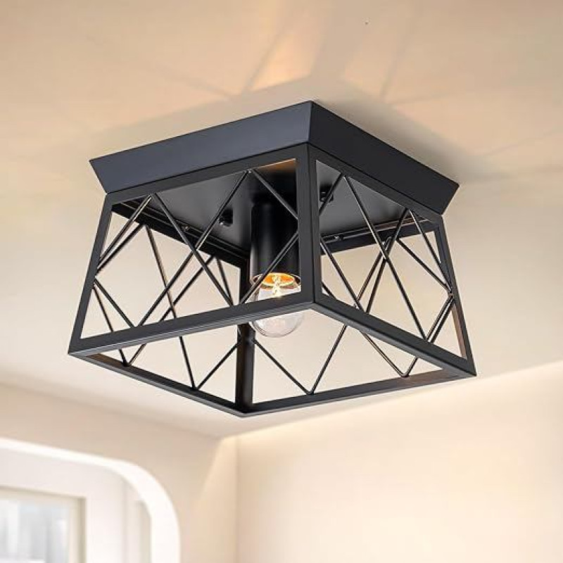 FTL Black Ceiling Light, E27 Industrial Ceiling Light, 1-Bulb Retro Hallway Lamp, Metal in Cage Shape, Vintage Living Room Lamp, LED Square Ceiling Lights, Ceiling Lighting for Living Room, Hallway