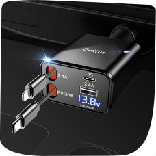 Gritin 4 in 1 Cigarečių žiebtuvėlio USB C 69 W automobilinis įkroviklio adapteris automobilis, kempingo automobiliniai priedai, kelionės reikmenys su įtampos ekranu, automobilių priedai iPhone 16 Pro Max Plus, juodos spalvos