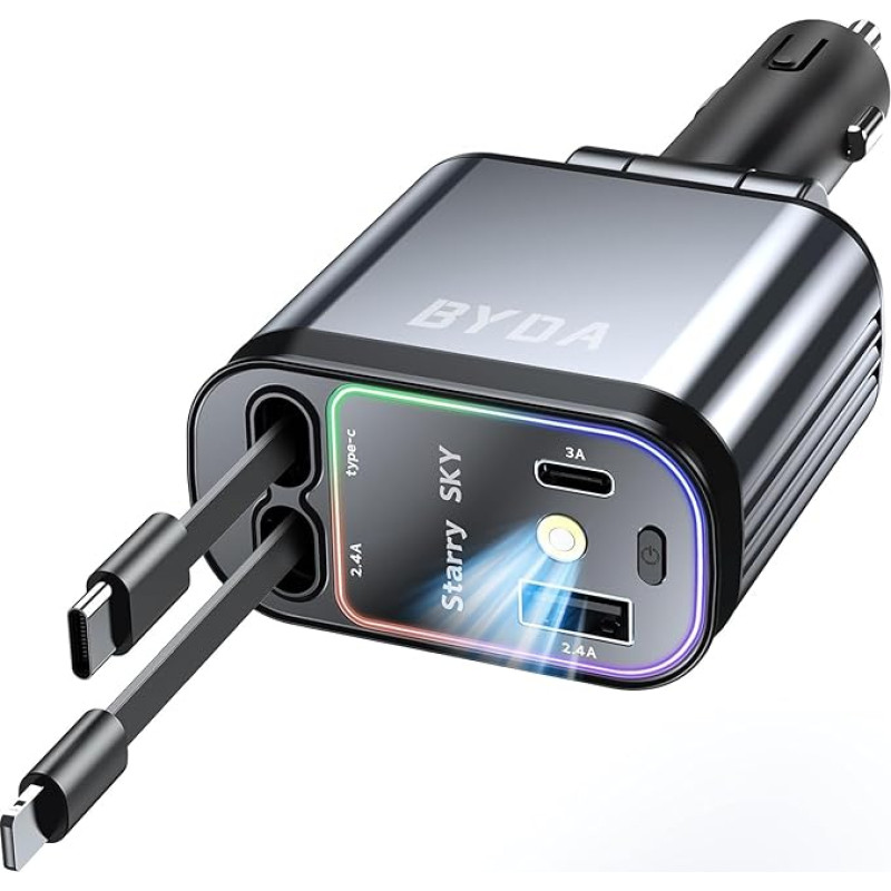 4 in 1 ištraukiamas automobilinis įkroviklis, 4 in 1 greitasis įkroviklis, USB C 69W adapteris iPhone 16/15/14/13/12, Android, 180° reguliuojamas kištukas, kelių įrenginių palaikymas, kompaktiškas, taupantis vietą