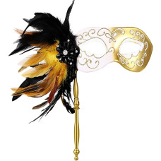 OIDEA Damen Venezianische Maske mit Stab Feder: Seksy Feder Augenmaske mit Perlen Halbmaske Leicht angenehm für Maskerade Karneval Maskenball Party Abschlussball Kostüm Cosplay