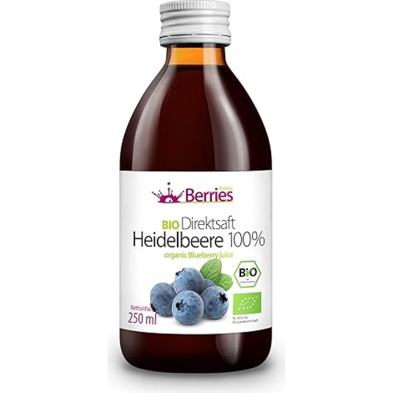Berries Polska Organic Juice Pressed Directly from Organic Fruit, Cold Pressed, No Dyes, No Sugar, No GMO, No Preservatives, Vegan, Vegetarian, Blueberry Flavour, 250 ml
