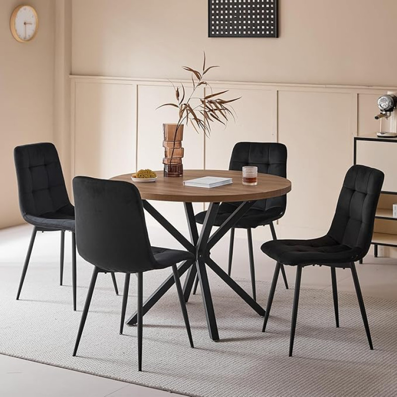 DEYARNA HOME Valgomojo rinkinys iš 5 dalių 100 cm apvalus valgomojo stalas ir 4 valgomojo kėdės (olandiška vilna), stalas ir 4 kėdės virtuvei, svetainei, balkonui, restoranui, biurui (tamsi medžio spalva + juoda)