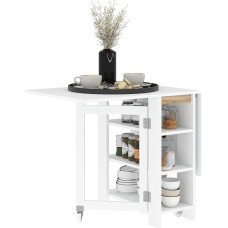 HOMCOM sulankstomas valgomojo stalas, sulankstomas stalas su ratukais 4 asmenims, erdvę taupantis sulankstomas stalas su 2 skyriais ir lentynomis, idealiai tinka svetainei, namams, biurui, 120 x 60 x 75 cm, baltos spalvos