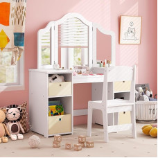 DREAMADE 2-in-1 vaikiškas tualetinis staliukas su taburete ir nuimamu veidrodžiu, princesės tualetinis staliukas su 4 laikymo dėžutėmis, vaikiškas tualetinis staliukas vaikams mergaitėms (baltas su taburete ir dėžute)