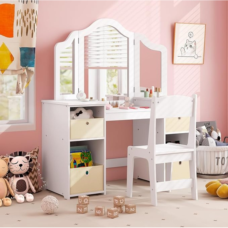 DREAMADE 2-in-1 Children's Dressing Table with Stool and Removable Mirror, Princess Dressing Table with 4 Storage Boxes, Children's Dressing Table for Children Girls (White with Stool & Box)