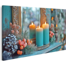islandburner Pagrindinis paveikslas ant drobės Kalėdų žvakės ir pušų šakos ant antikvarinio stalo Nuotraukos Sienų paveikslai Plakatas