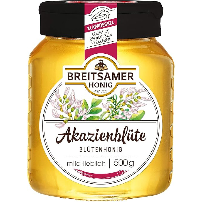 Breitsamer Honey Acacia Liquid 500 g – Incomparably Mild and Lovely Acacia Honey Handcrafted Beeked, in Practical Hinged Lid (1 x 500 g)