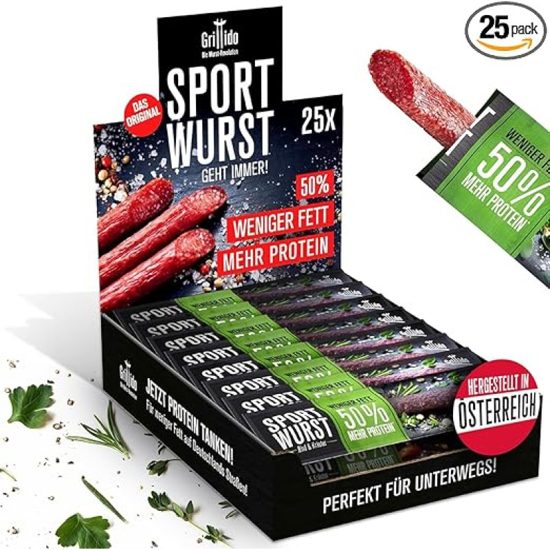Grillido Sportwurst 25 x Protein Snack Made of Beef & Herbs (500 g) Low Fat Salami with 39% Protein Alternative to Mini Salami & Beef Jerky High-Quality Meat Snack for Sports & Fitness