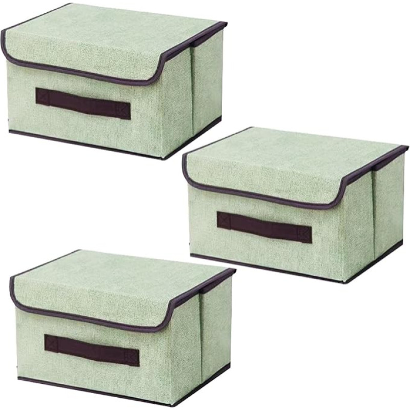 EURXLQ 3 žalios sulankstomos dėžės su dangčiu, 26 x 19 x 16 cm, lininis audinys, sulankstoma dėžė su atlenkiamu dangčiu ir rankenomis, drabužių antklodės dėžė namams, drabužių spintai