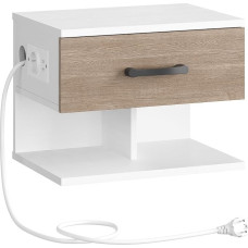 HOOBRO Bedside Table Hanging Bedside Table with Charging Station Side Table Bedside Cabinet Hanging with Open and Hidden Storage for Bedroom White Greige EWG127CBZ01