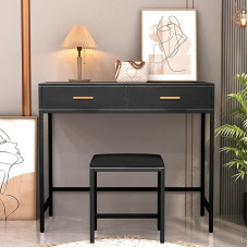 Aovquof Dressing Table with Stool, Dressing Table with 2 Drawers, Wooden Dressing Table, Black Metal Legs, Dressing Table for Bedroom, Living Room, Black, 90 x 78 x 40 cm