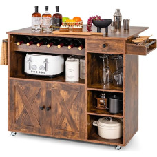 COSTWAY Virtuvės vežimėlis ant ratukų, serviravimo vežimėlis su atlenkiamu stalviršiu ir prieskonių laikikliu, virtuvės medinė sala su vyno laikikliu, stalčiumi ir stiklo laikikliu, virtuvės salos vežimėlis ant ratukų, skirtas virtuvei, valgomajam