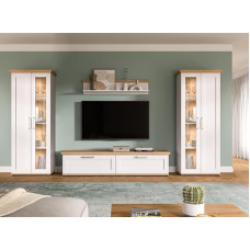 furnling Wohnmöbel-Set Viola, Wohnzimmer-Set 4-teilig aus Lowboard, Wandboard, 2 Vitrinen, foliert, Breite 316 cm, Sibiu Lärche Nachbildung