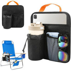 Paplūdimio kėdės puodelio laikiklis, kempingo kėdės porankio organizatorius, kempingo kėdės krepšys, lengvai pritvirtinamas prie porankio su 2 lipniais tvirtinimo dirželiais, kabantis kėdės tvirtinimas