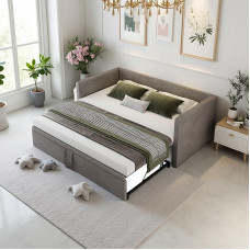 DAHUEN Sofa Bed 90/180 x 200 cm, 2-Seater Sofa with Sleep Function, Extendable Bed to Double Bed, Extendable Day Bed, Fold-Out Sofa, Pull-Out Bed, Sofa Bed, Velvet, Without Mattress (Grey)