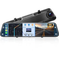 Alpinetech 12 Inch 4K Reversing Camera Mirror with Wireless Android Car Play, Dash Cam Mirror with G-Sensor, Loop Recording, Parking Aid, Bluetooth, Mirror Link, AUX, SD Card, WDR, HD Touchscreen