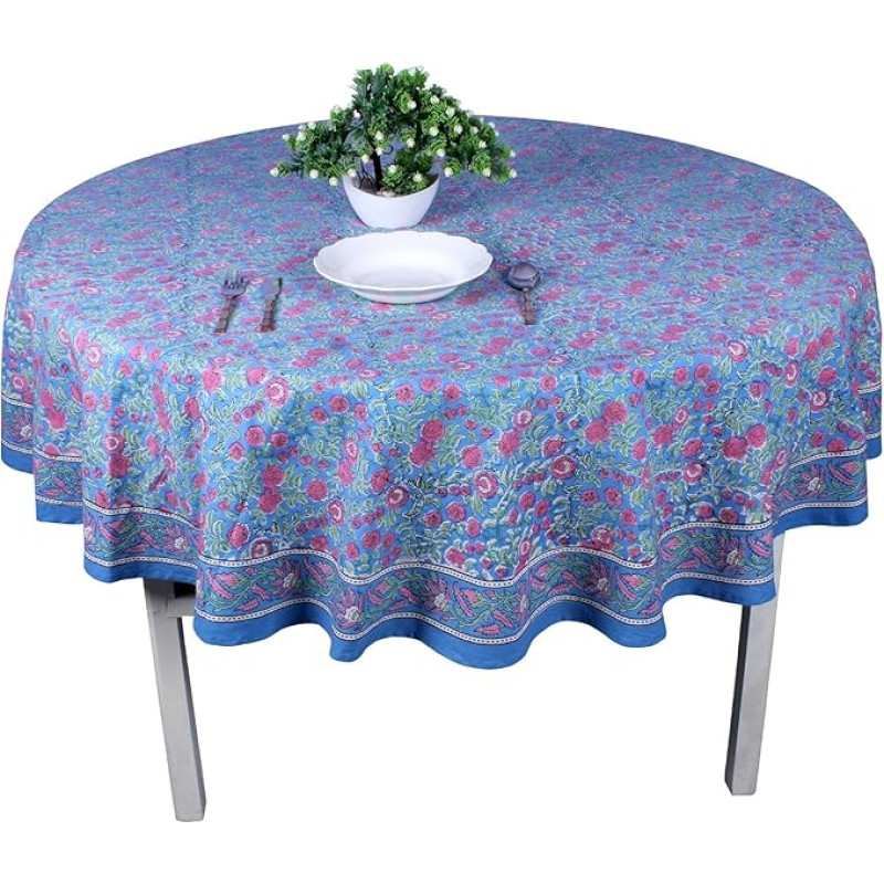 THE Unltd India Ocean Blue Round Tablecloth 100% Cotton Spring Summer Block Print Tablecloth for Dining Room Wedding Party Grand Millenial Home 72